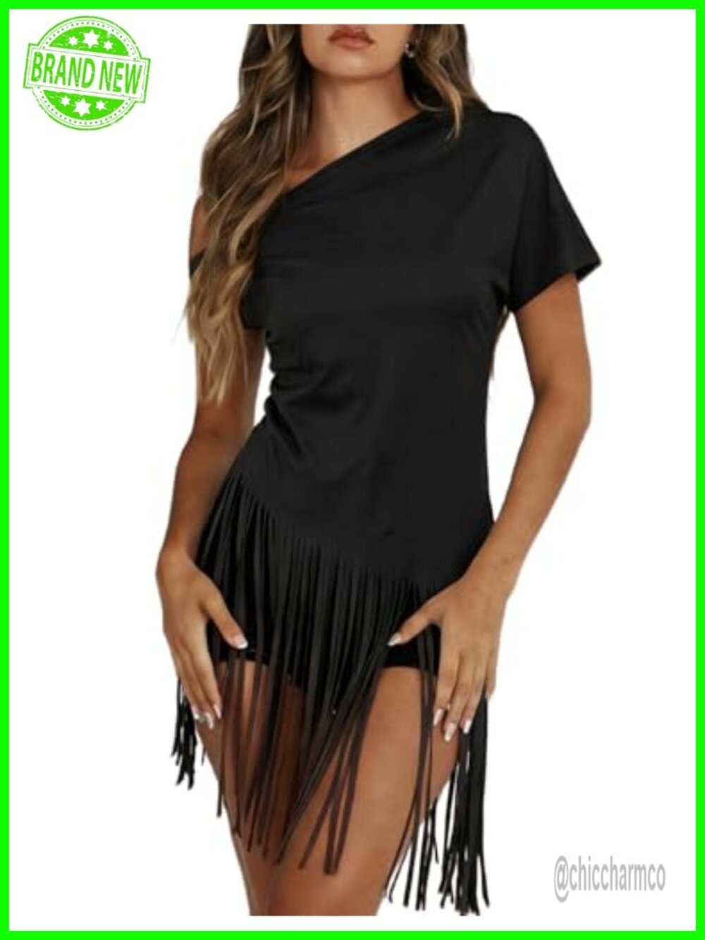 Women's One Shoulder Fringe Top Short Sleeve Western Cowgirl Concert T-Shirt